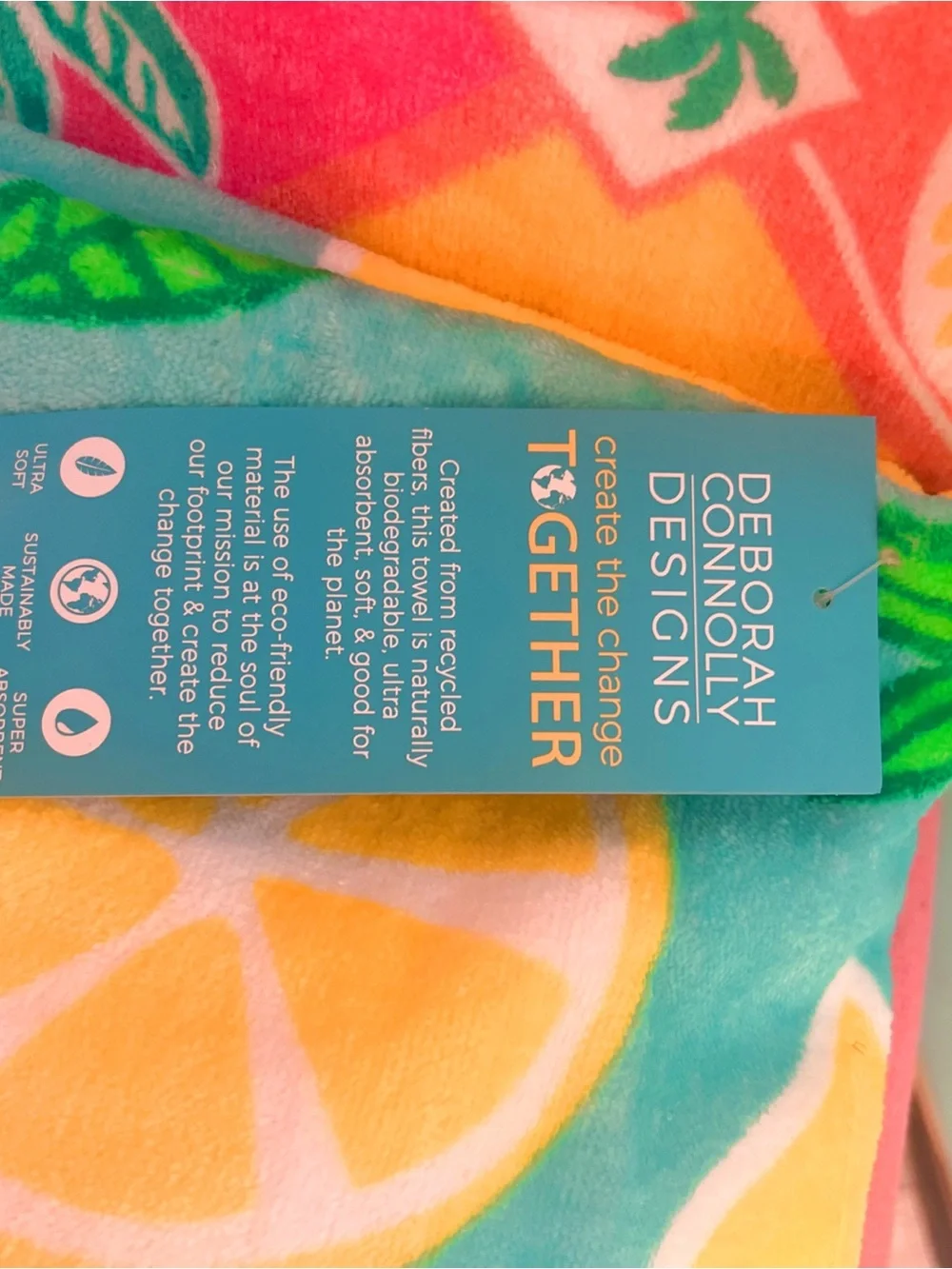 NWT! Turquoise Lemon Print Towel with Yellow Accents 36” X 68”